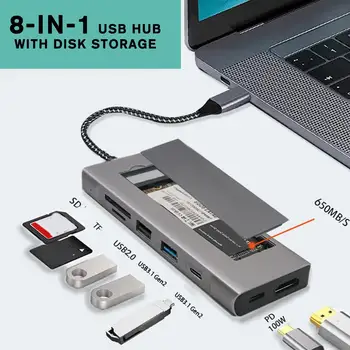 USB-КОНЦЕНТРАТОР 8 В 1 с функцией хранения данных на диске PD100W USB C-HDMI-совместимый M.2 NVME SATA SSD-концентратор Док-станция Для Macbook Y7L2