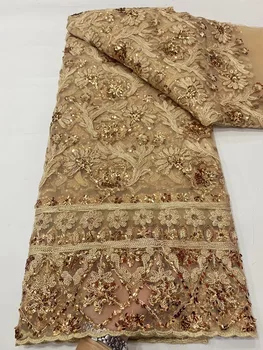 Золотая Африканская Тюлевая кружевная ткань 2023, Высококачественные блестки, Роскошная вышивка, Французская кружевная ткань в нигерийском стиле для свадебных платьев