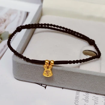 Из чистого желтого золота 24 К, 3D шарм в виде кролика с бусинами, вязаный браслет из черного шнура, женский подарок