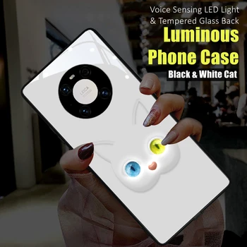 Пары Друзей Cat LED Light Светящийся Чехол Для Телефона из Закаленного Стекла на Заднюю Панель для iPhone 15 12 13 14 X Xs Xr Mini Pro Max Plus